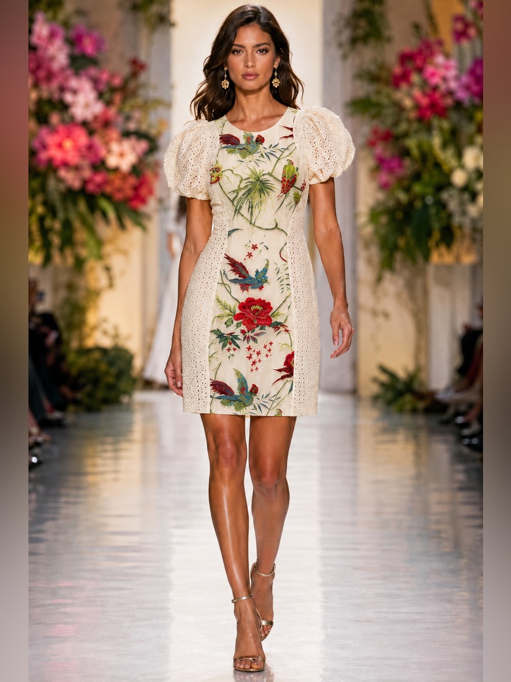 Roberto Cavalli Cream Floral Print Eyelet Dress XXS / 38